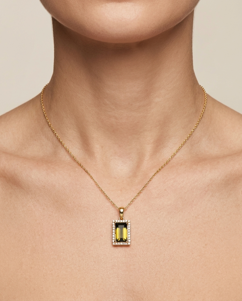 14KT Yellow Gold Tourmaline and Diamonds Pendant on model