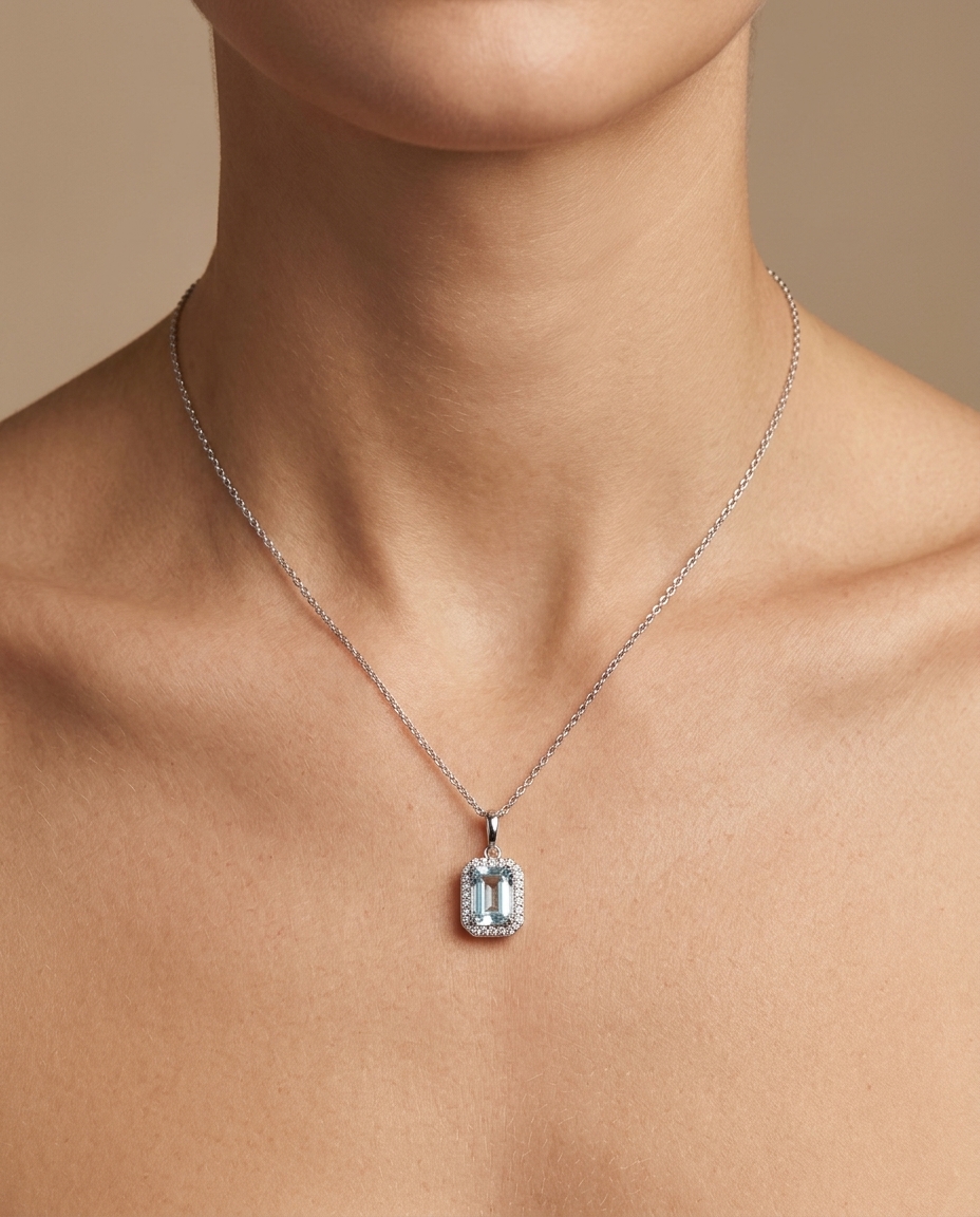 14KT Gold Aquamarine and Diamonds Pendant view 2