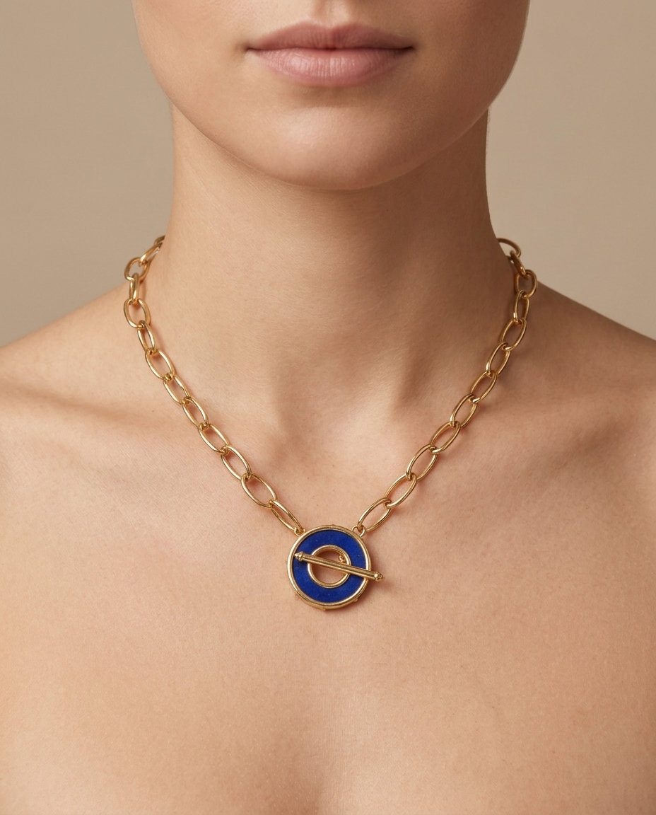 14KT Yellow Gold with Enamel Lapis Pandent on model