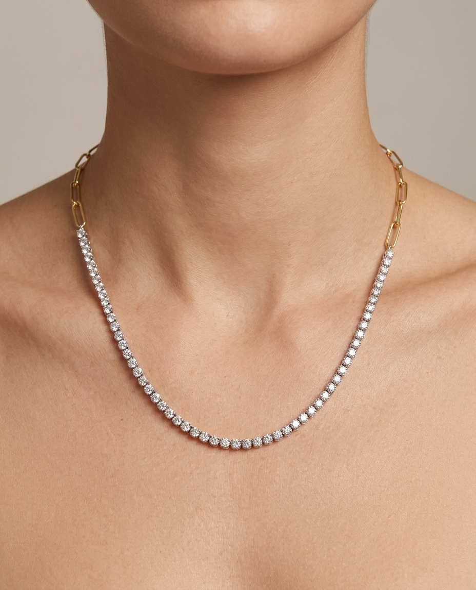 14KT Two Tone Gold Diamond Tennis Necklace on model