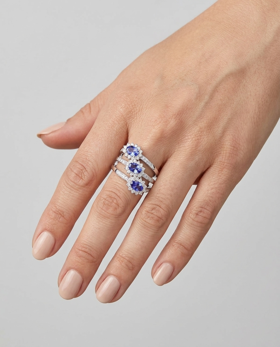 18KT White Gold Tanzanite and Diamonds Ring on model