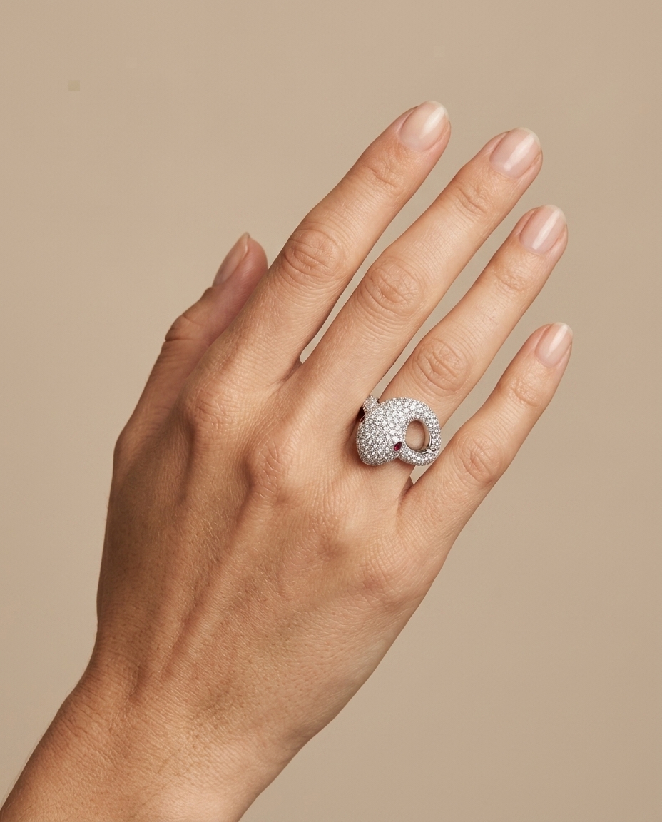 18KT White Gold Ruby and Diamonds Snake Ring view 2