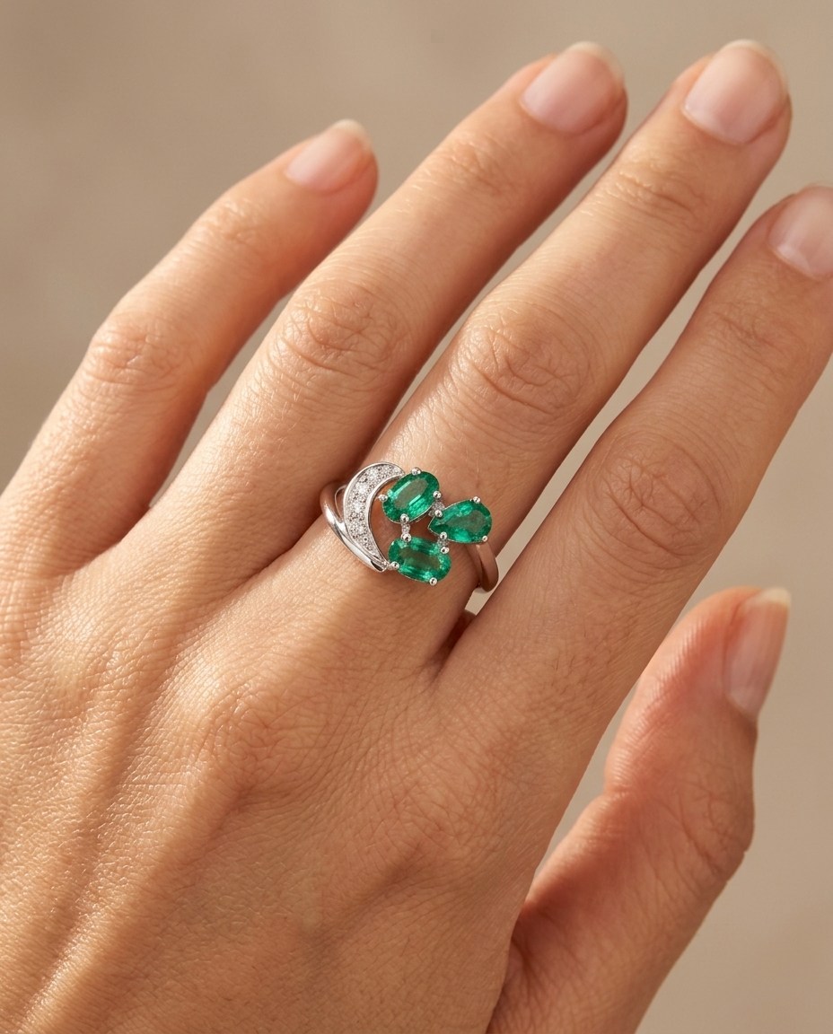 18KT Gold Emerald and Diamond Ring on model