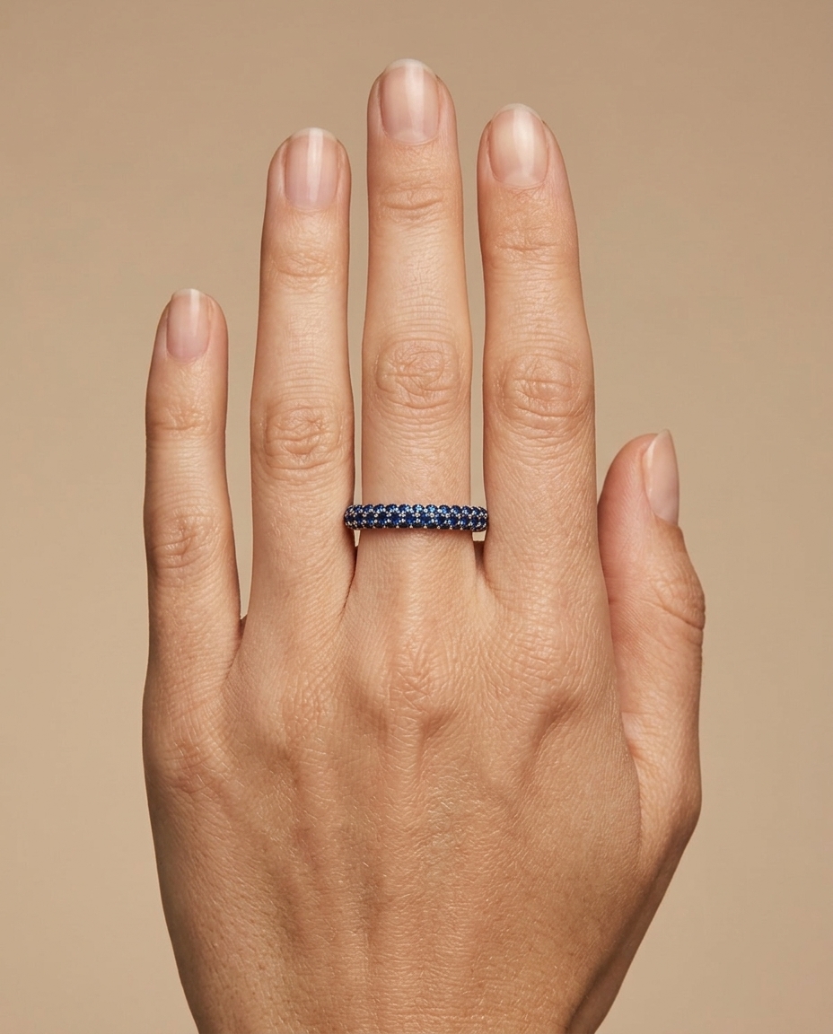 18KT Gold Blue Sapphire Ring on model