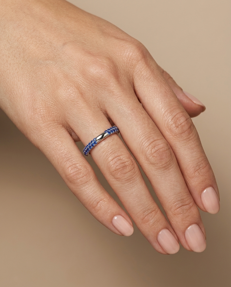 18KT Gold Blue Sapphire Ring on model
