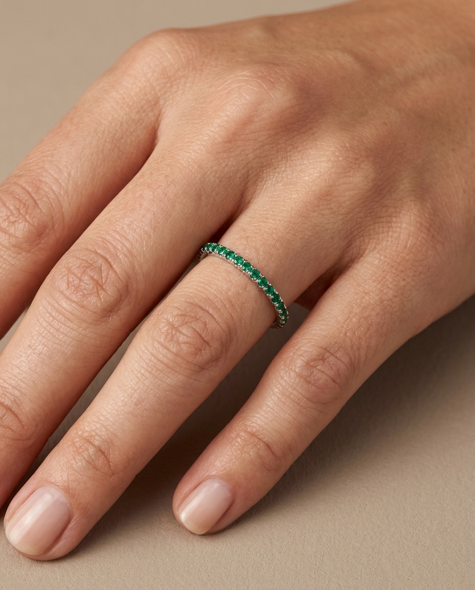18KT Gold Full Eternity Tsavorite Thin Ring Band on model