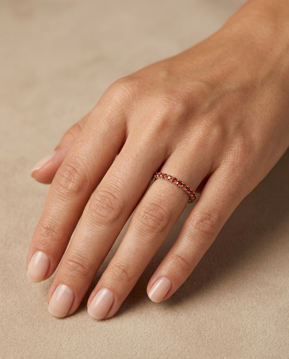 18KT Gold Full Eternity Orange Sapphire Thin Ring Band on model
