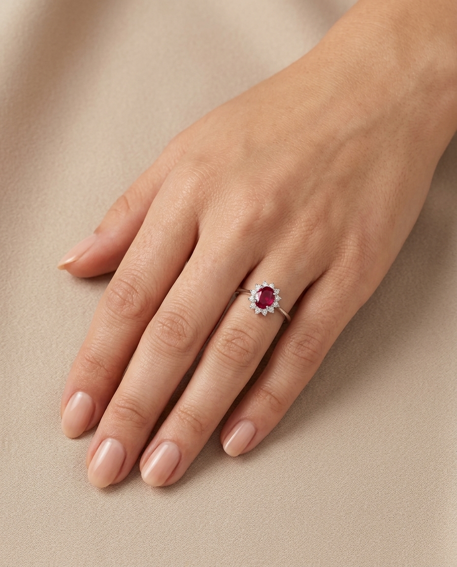 18KT White Gold Ruby and Diamonds Ring on model