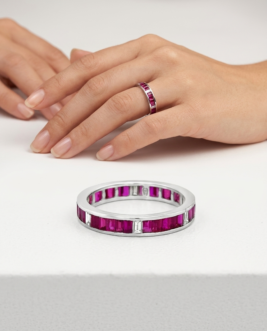 18KT White Gold Ring with Baguette Ruby and Diamonds on model