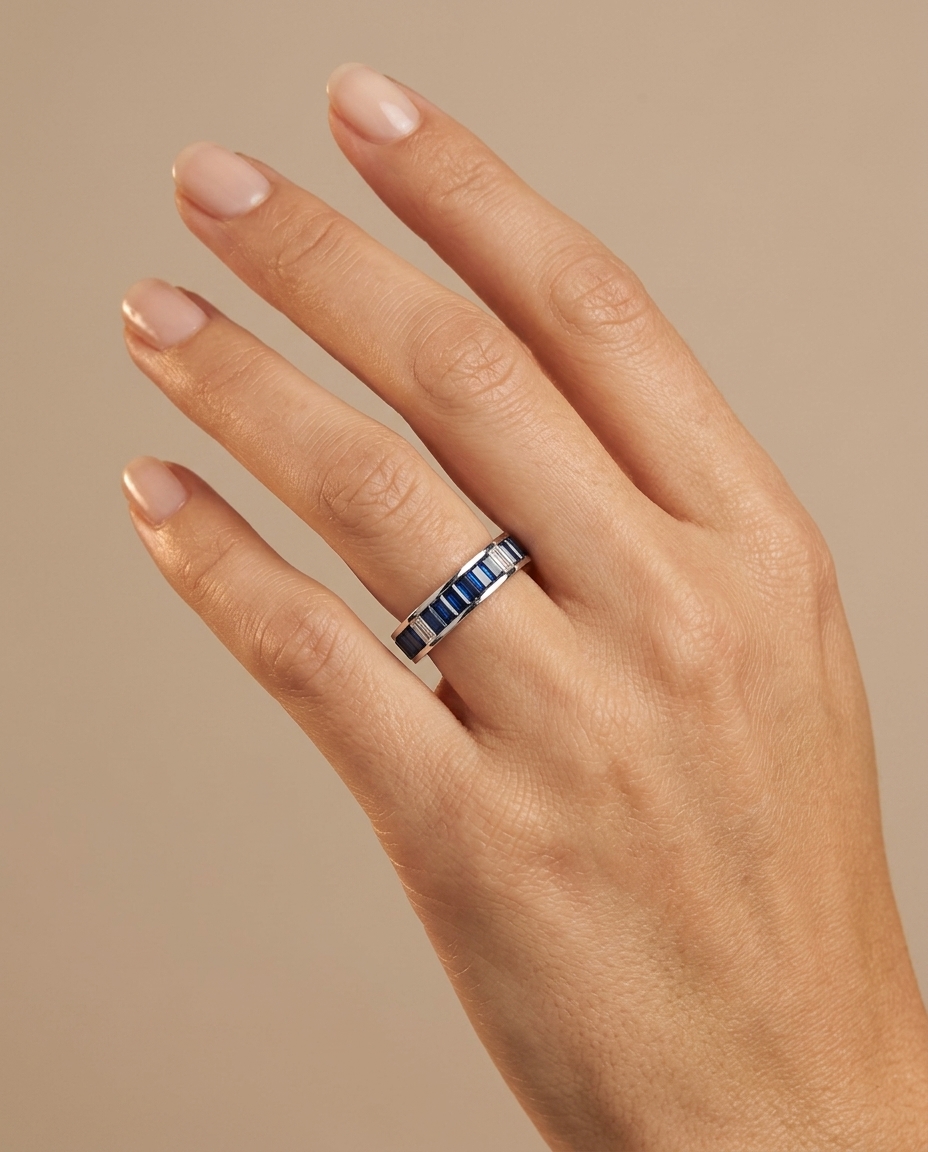 18KT White Gold Blue Sapphire Diamond Ring on model