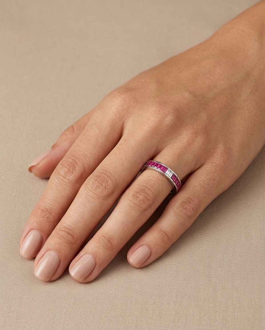 18KT White Gold Ruby Double Bugget Diamond Ring on model