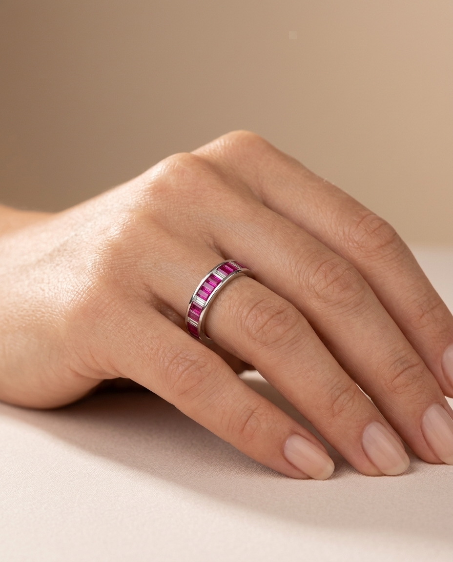 18KT White Gold Ring with Baguette Ruby and Diamonds on model