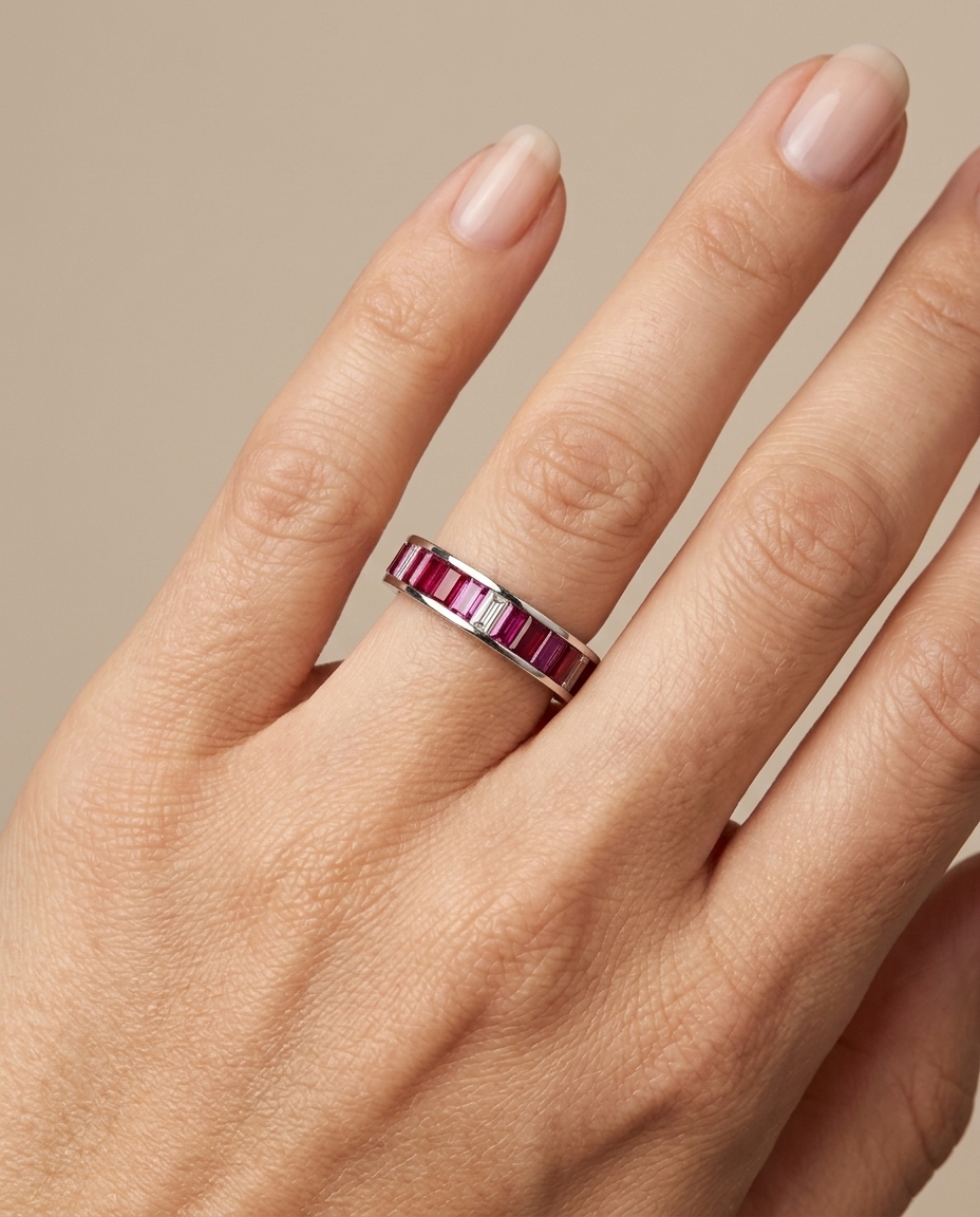 18KT White Gold Ring with Baguette Ruby and Diamonds view 2