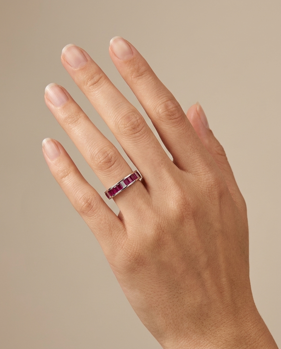18KT White Gold Ring with Baguette Ruby and Diamonds on model