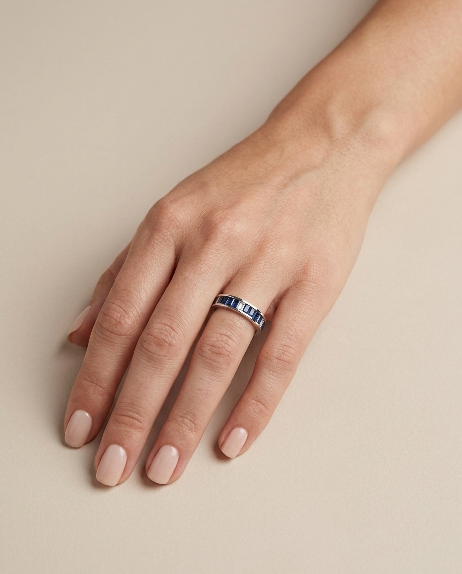 18KT White Gold Ring with Baguette Sapphire and Diamonds view 2