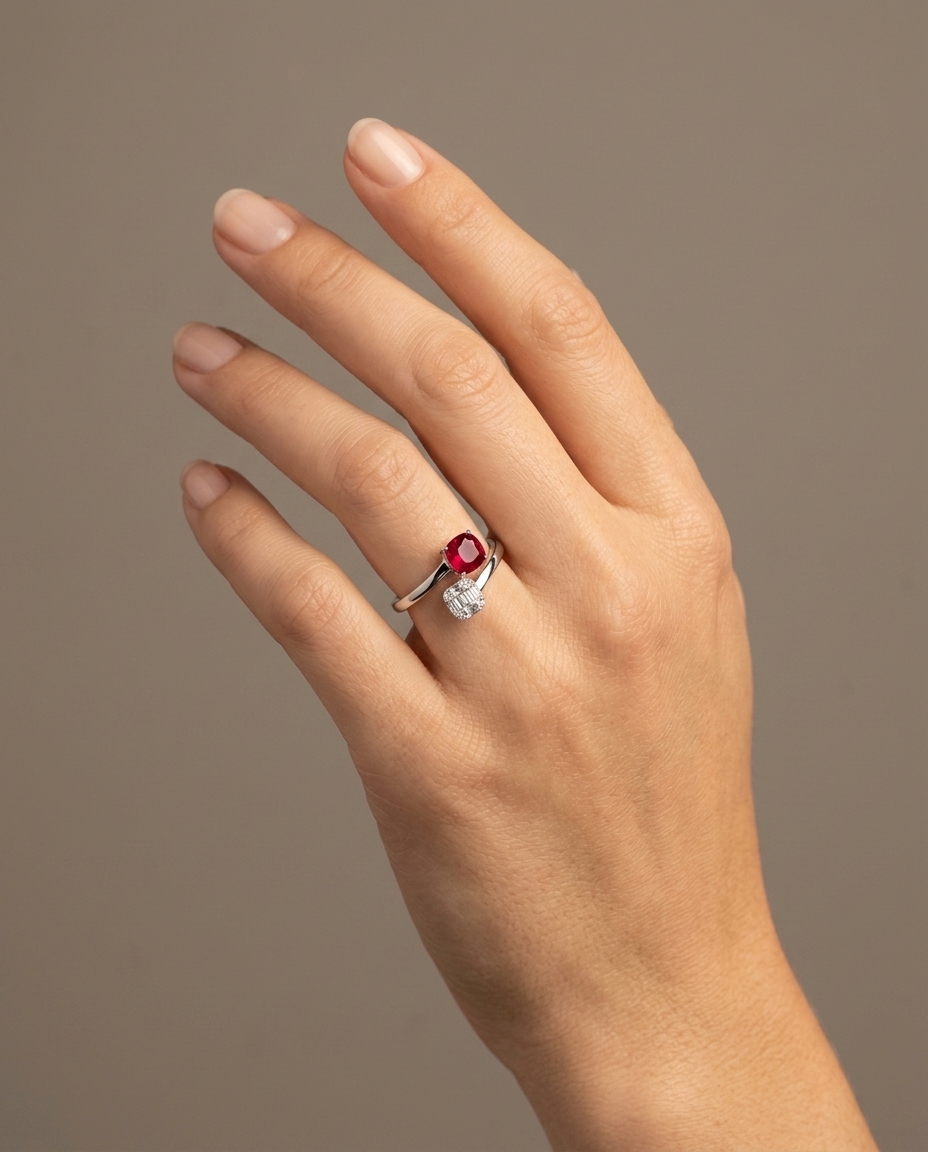 18KT White Gold Ruby and Diamonds Ring on model