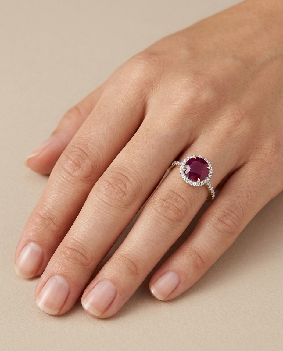 18KT Yellow Gold Ruby and Diamonds Ring on model