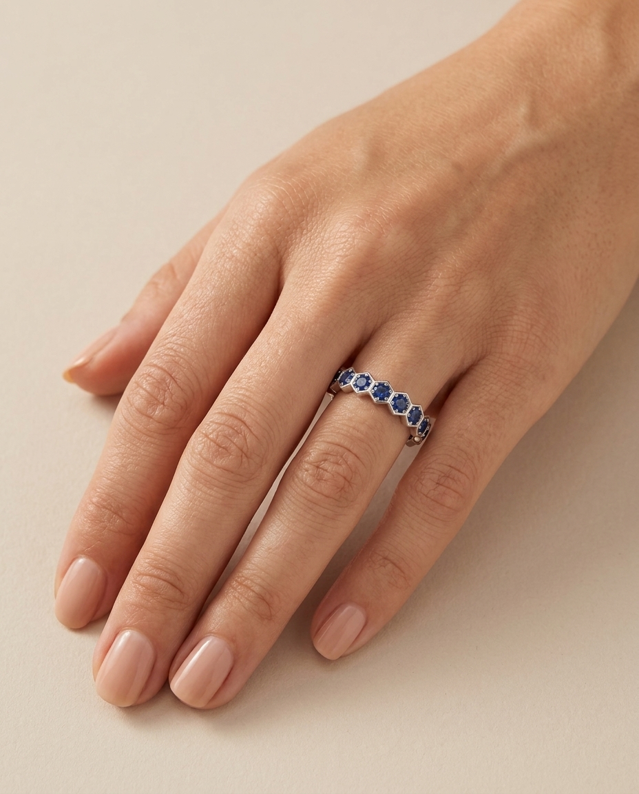 18KT Gold Blue Sapphire Ring on model