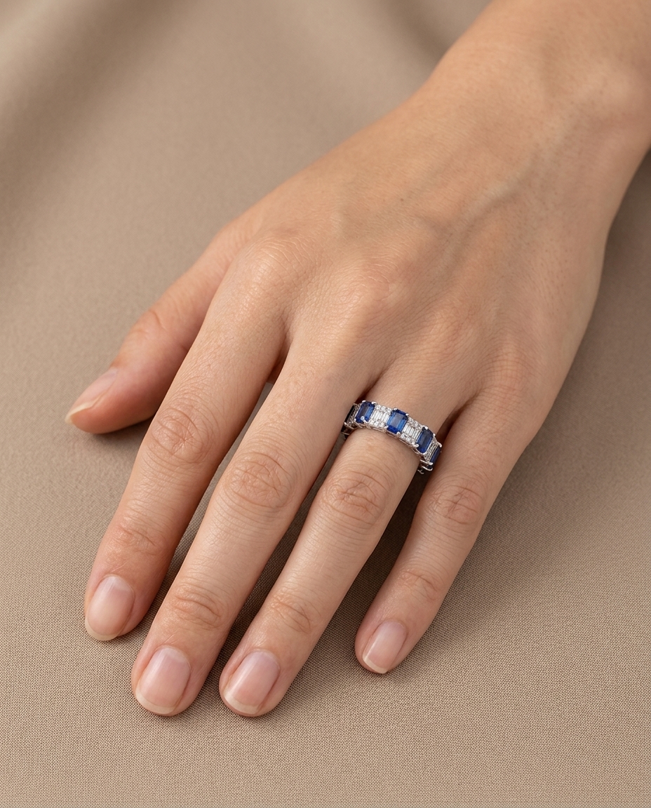 14KT White Gold Sapphire and Diamonds Ring on model