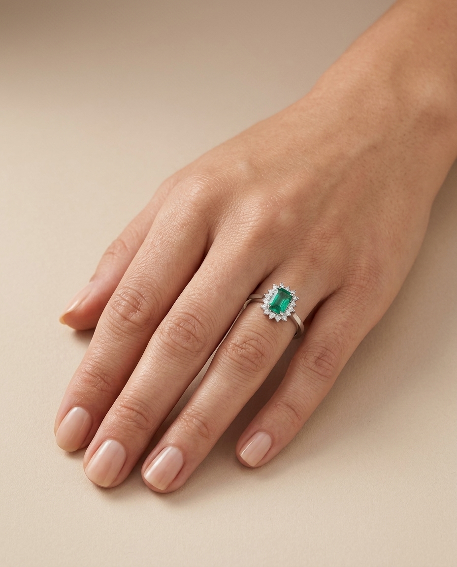18KT White Gold Emerald and Diamonds Ring on model