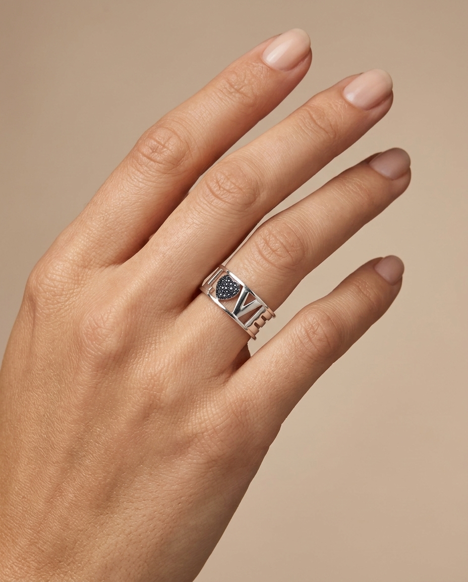 18KT Gold Blue Sapphire Love Ring on model