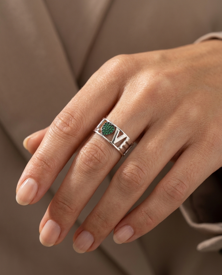 18KT Gold Emerald Love Ring view 2