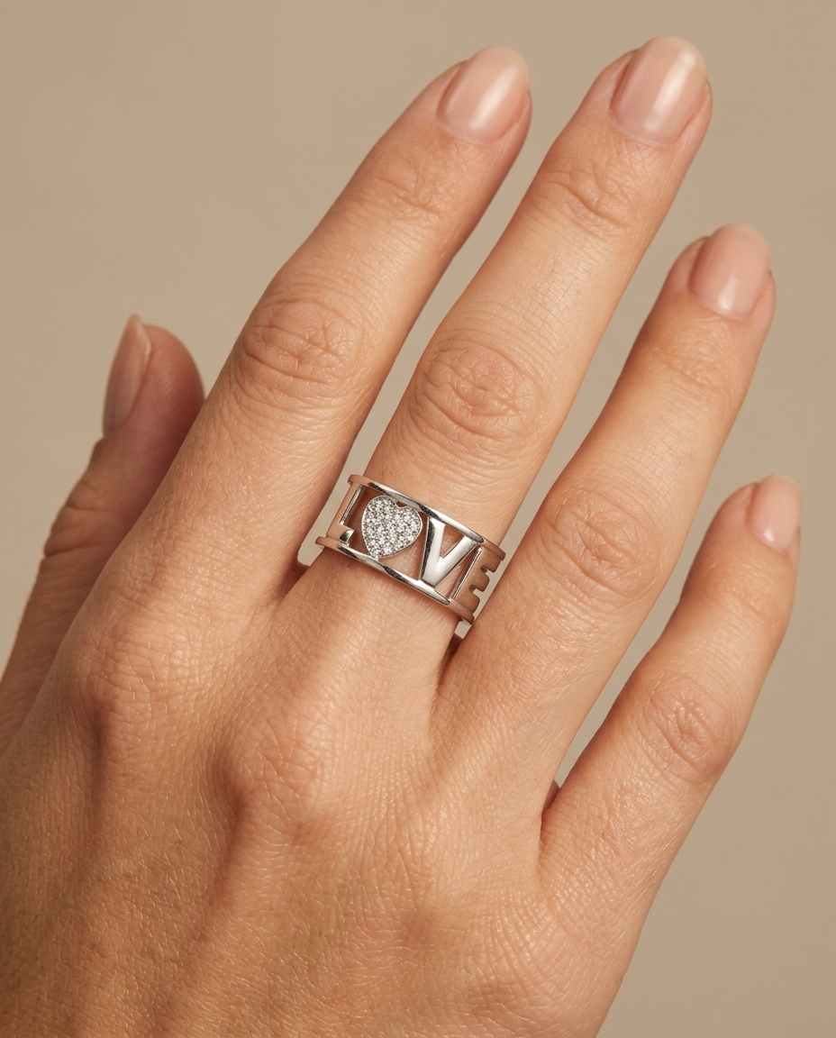 18KT Gold Diamond Love Ring on model