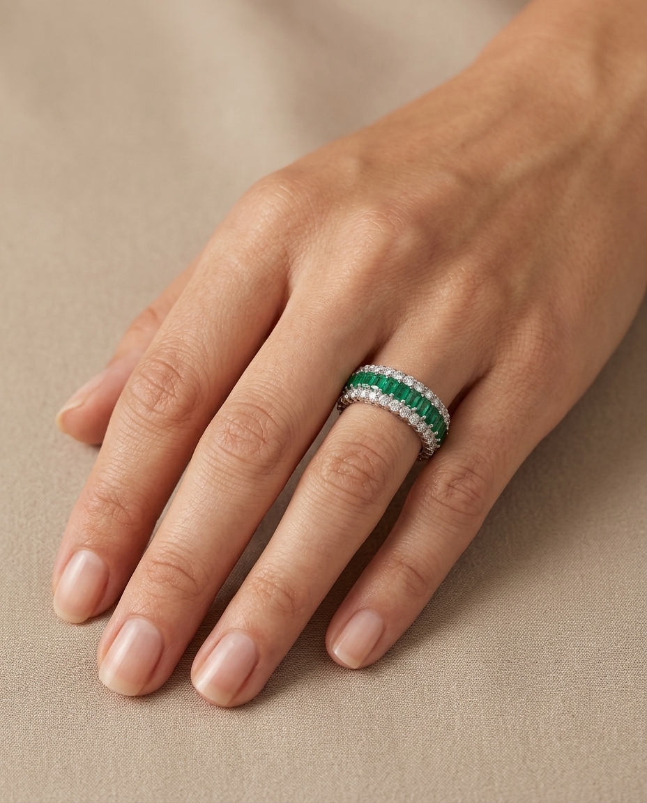 18KT White Gold Emerald Diamond Ring view 2