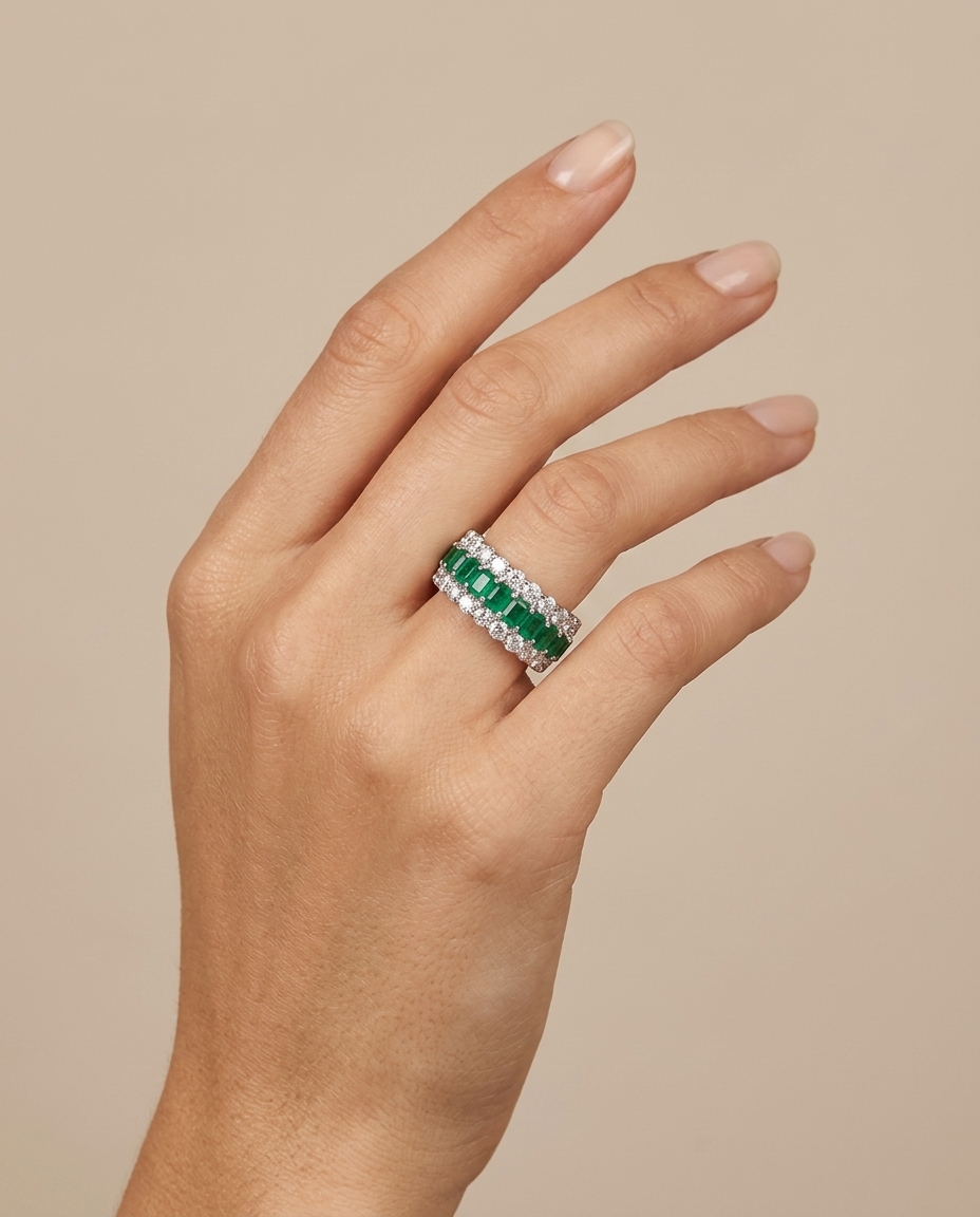 14KT White Gold Emerald Diamond Ring on model