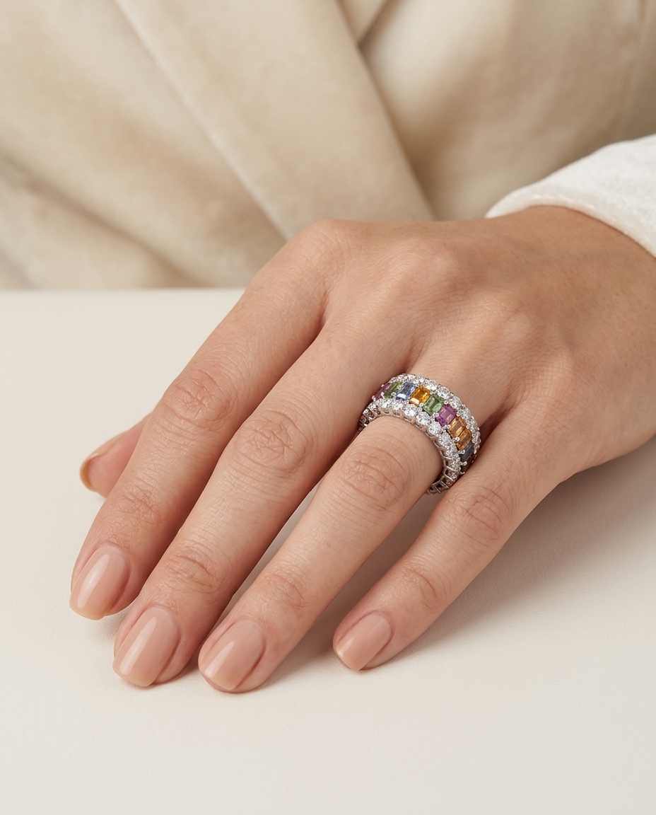 14KT White Gold Multi Sapphire Diamond Ring on model