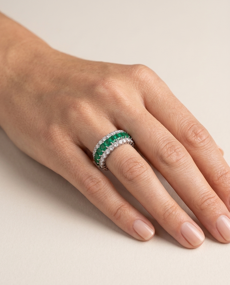 18KT White Gold Emerald Diamond Ring view 2