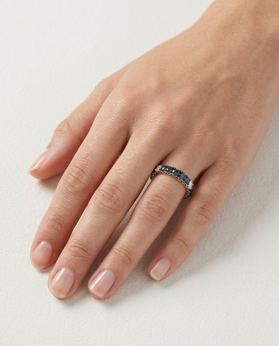 14KT White Gold Blue Diamond and Diamon Ring view 2