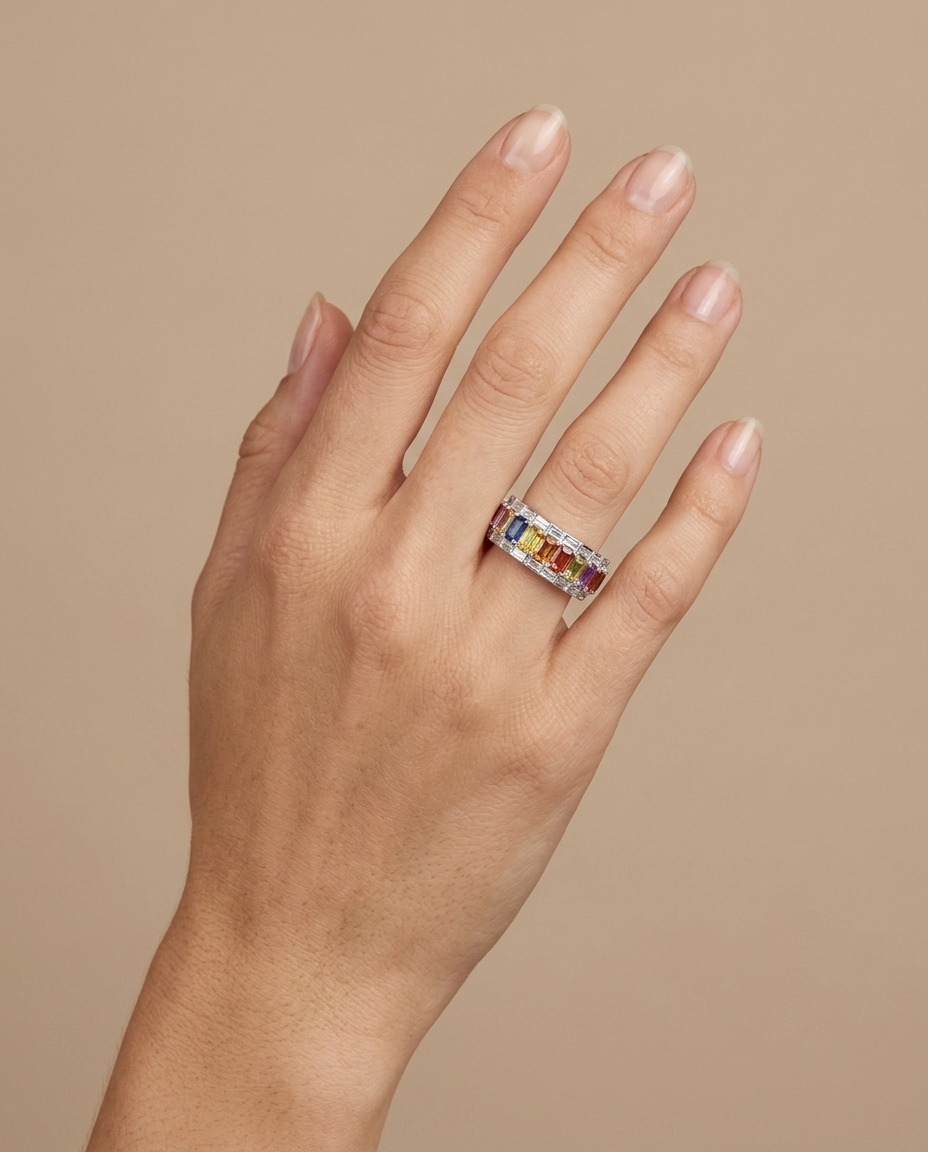14KT White Gold Multi Sapphire and Diamonds Ring view 2