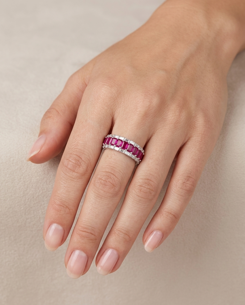 14KT White Gold Ruby and Diamonds Ring on model