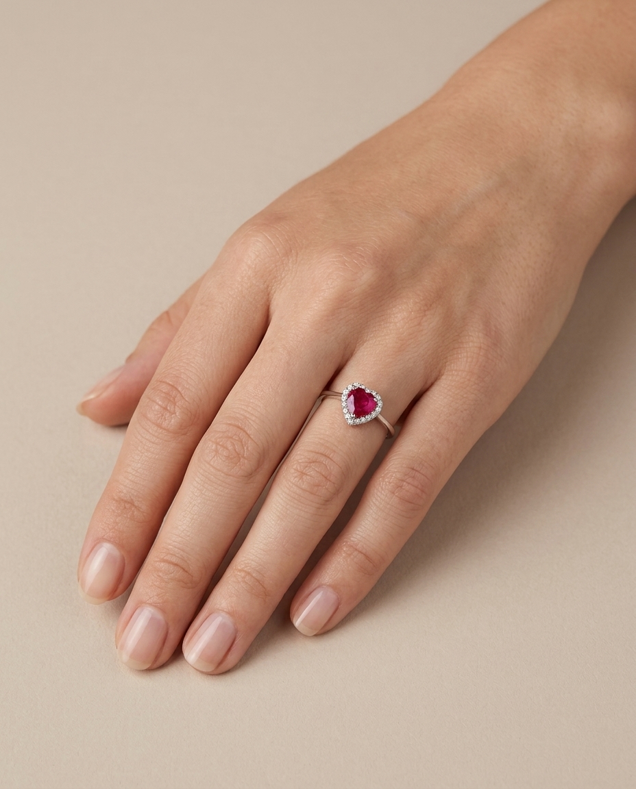 18KT White Gold Heart Shaped Ruby and Diamonds Ring view 2