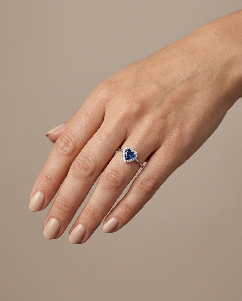 18KT White Gold Heart Shaped Sapphire and Diamonds Ring view 2