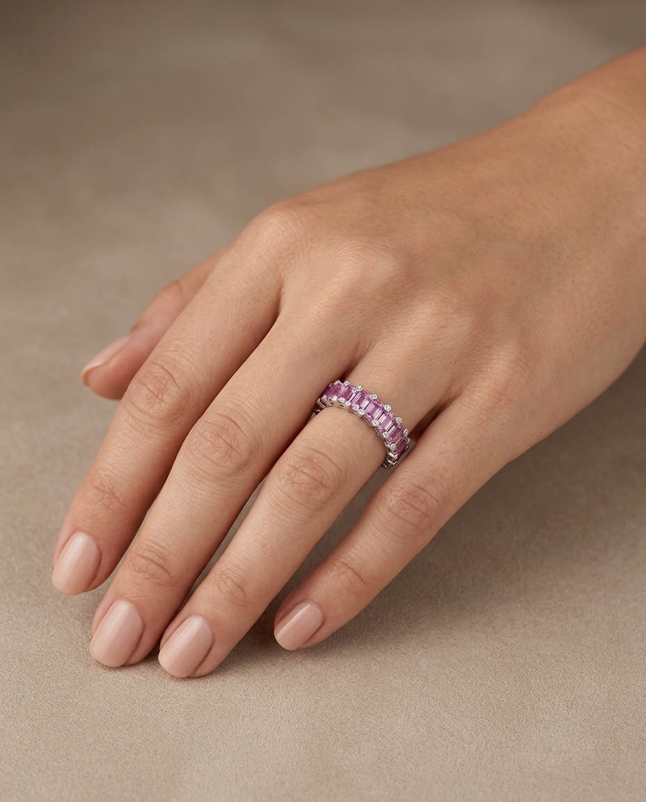 18KT White Gold Pink Sapphire and Diamonds Ring on model