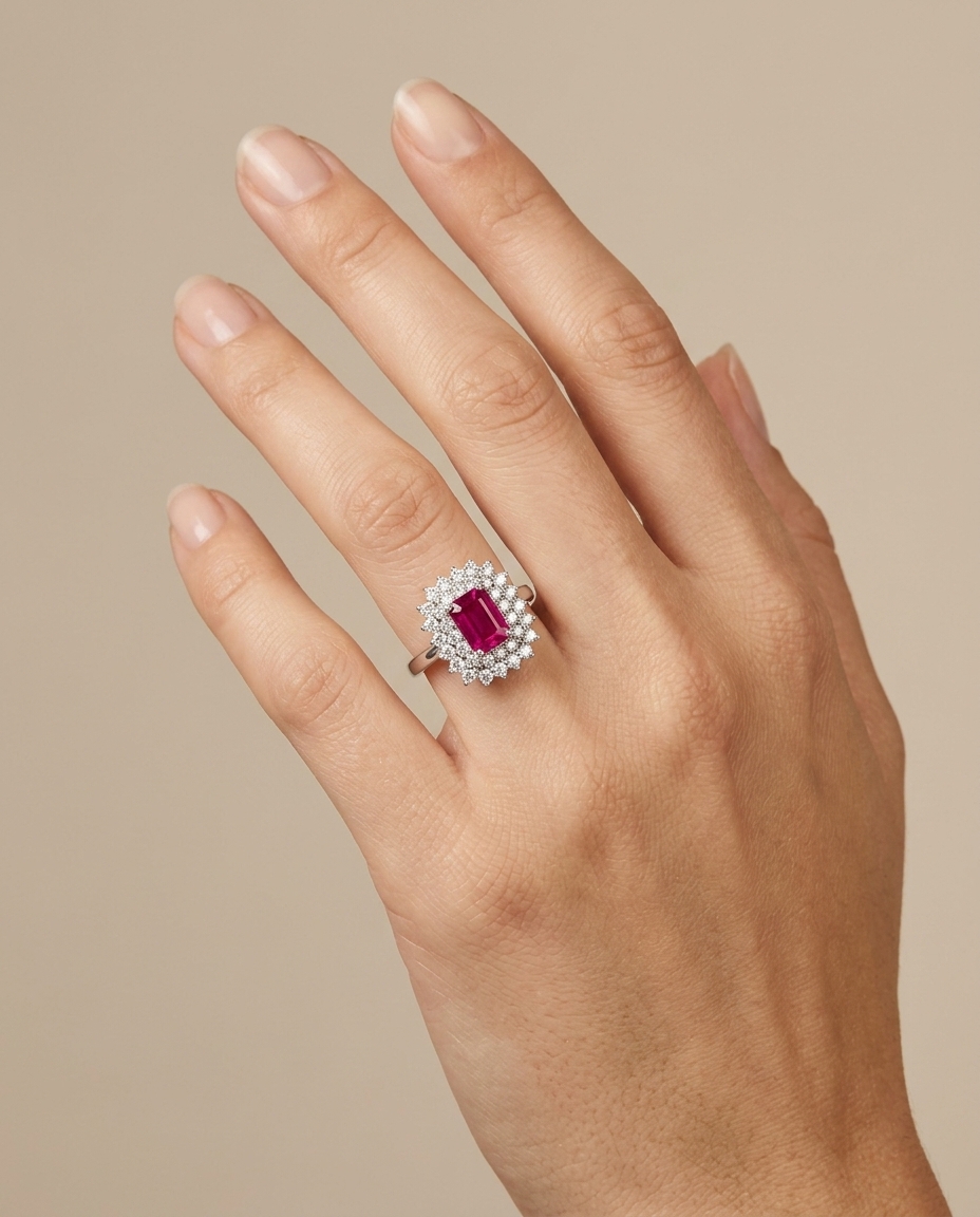 18KT White Gold Ruby and Diamonds Ring on model