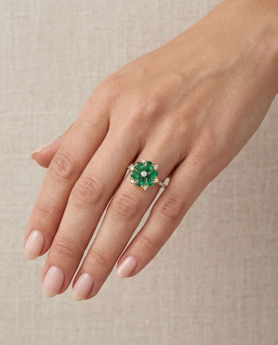 18KT Yellow Gold Emerald and Diamonds Flower Ring on model