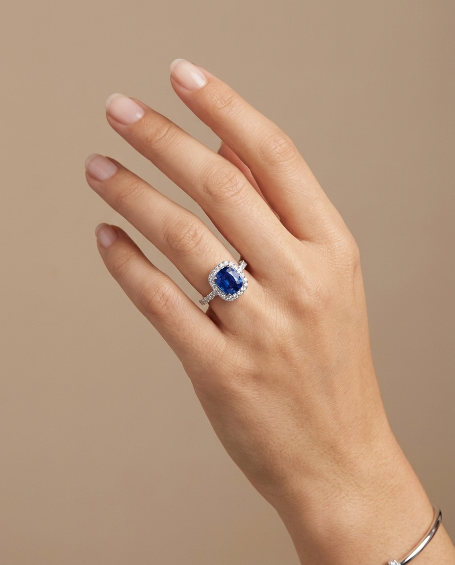 14KT White Gold Ceylon Sapphire and Diamonds Ring on model