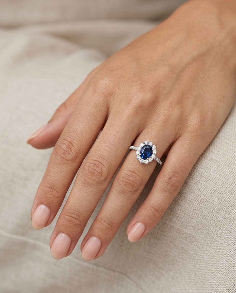 14KT White Gold Ceylon Sapphire and Diamonds Ring on model