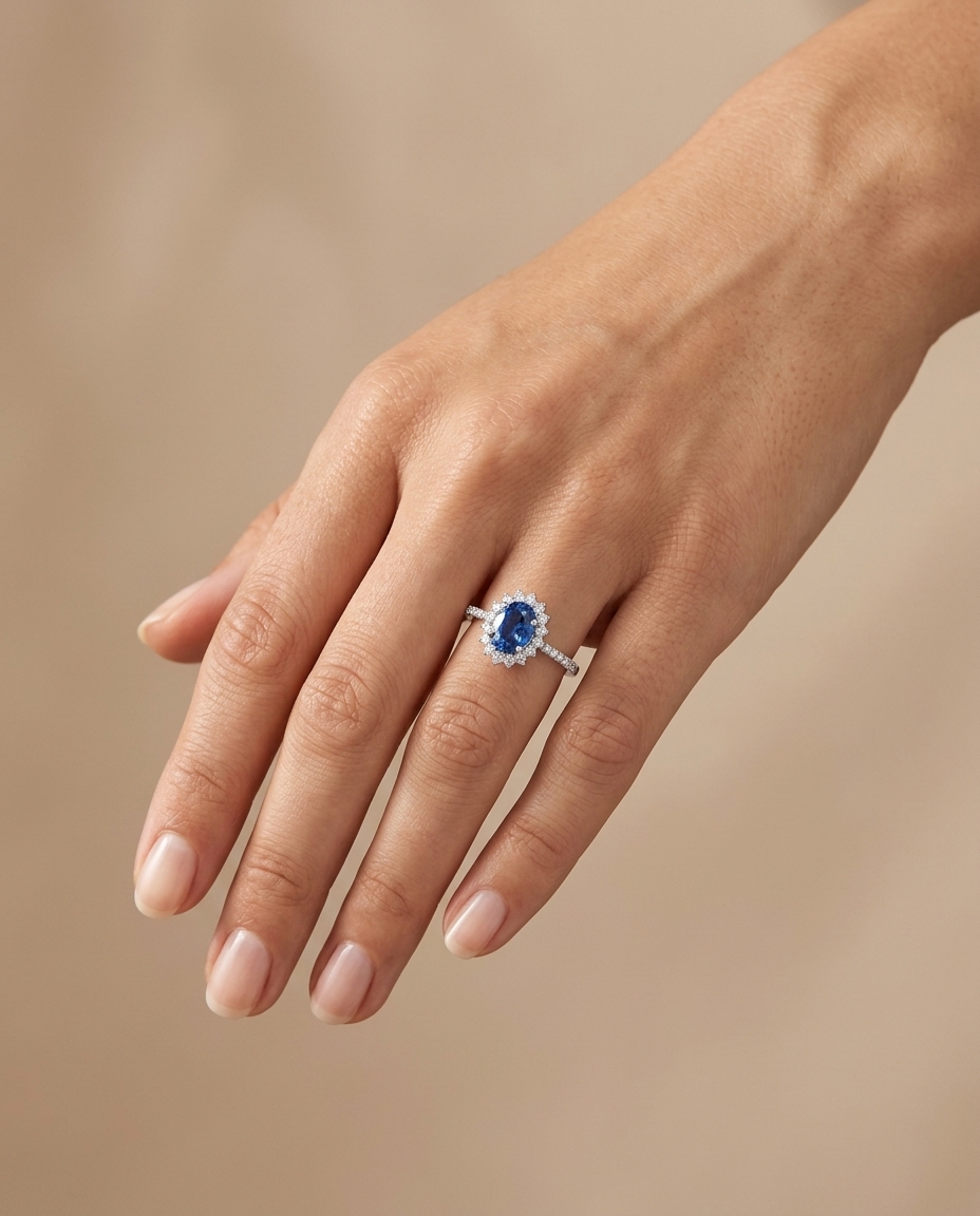 14KT White Gold Ceylon Sapphire and Diamonds Ring on model