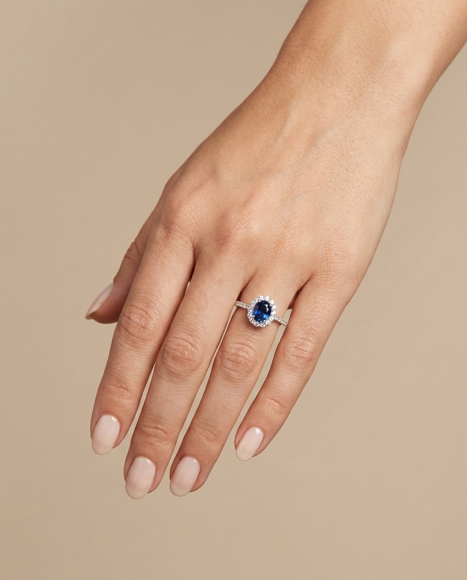 14KT White Gold Ceylon Sapphire and Diamonds Ring on model
