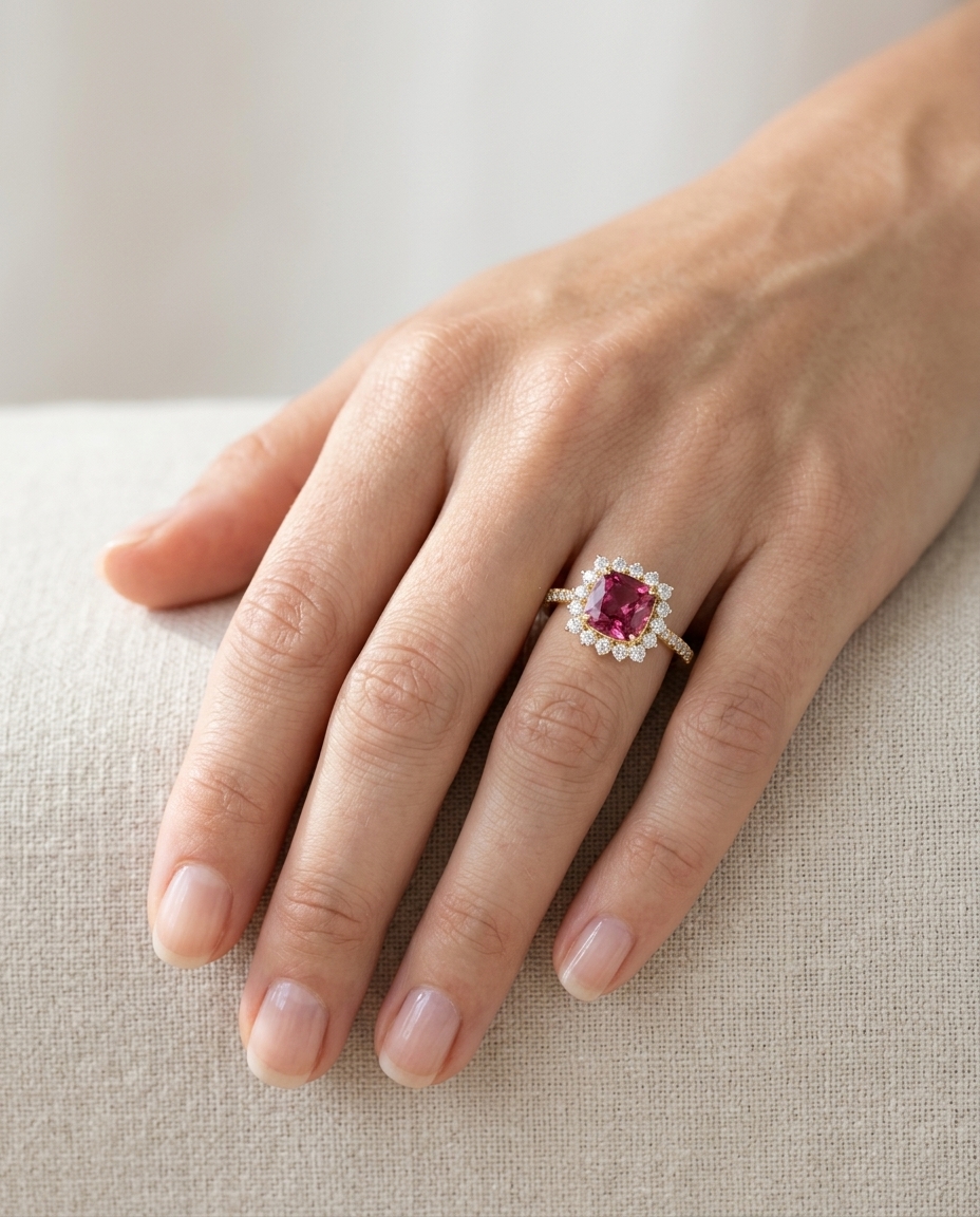 14KT Yellow Gold Pink Tourmaline and Diamonds Ring view 2