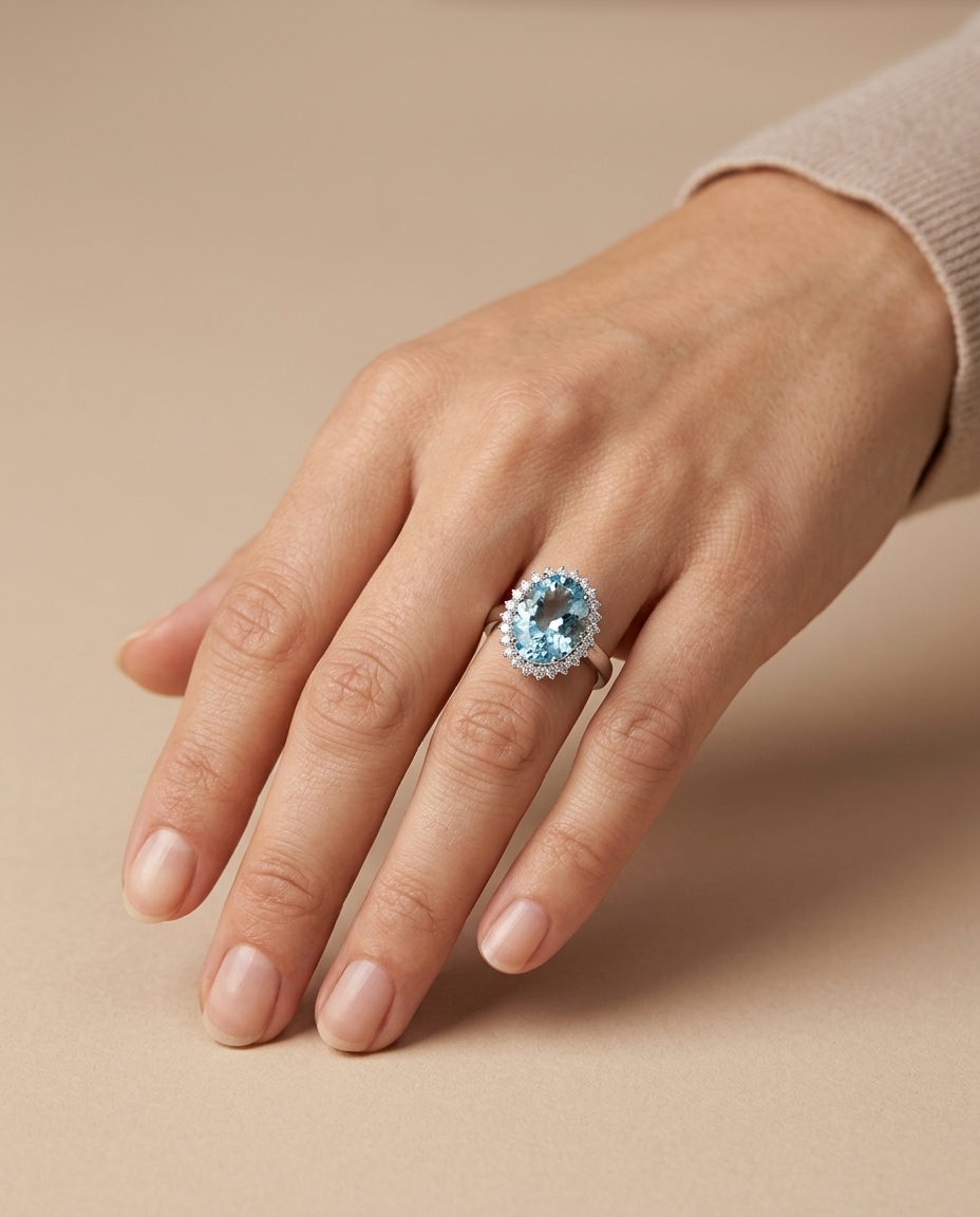 14KT White Gold Aquamarine and Diamonds Ring on model