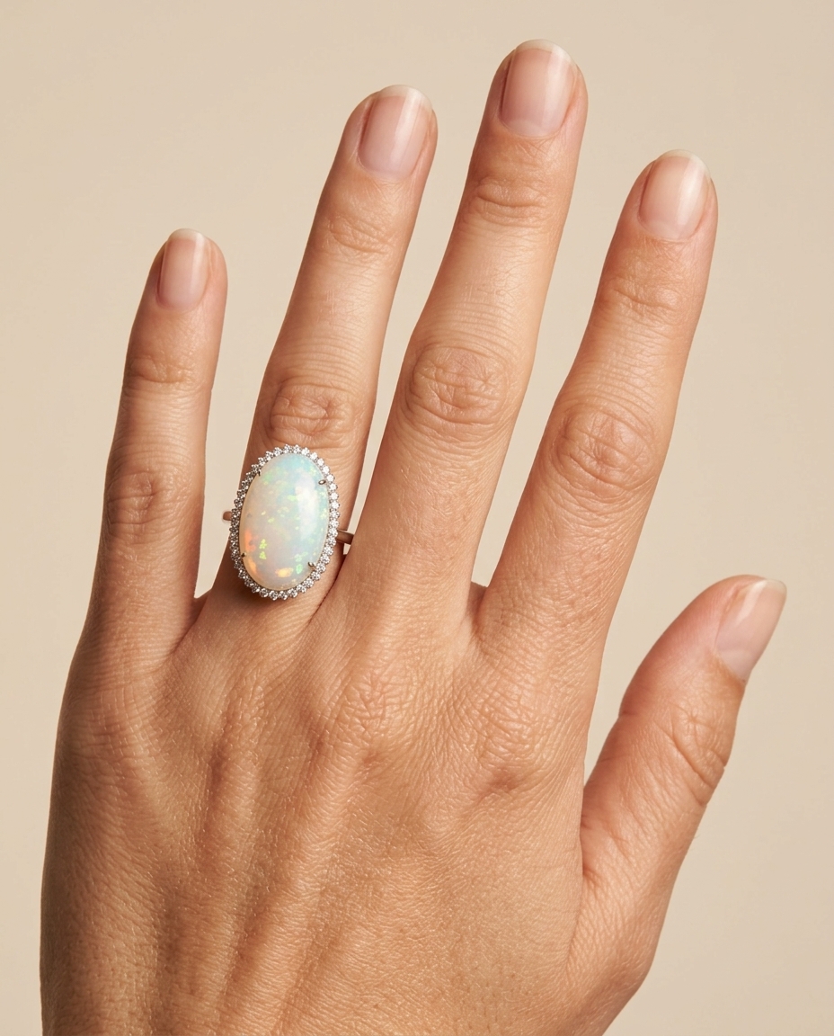 14KT White Gold Opal and Diamonds Ring on model