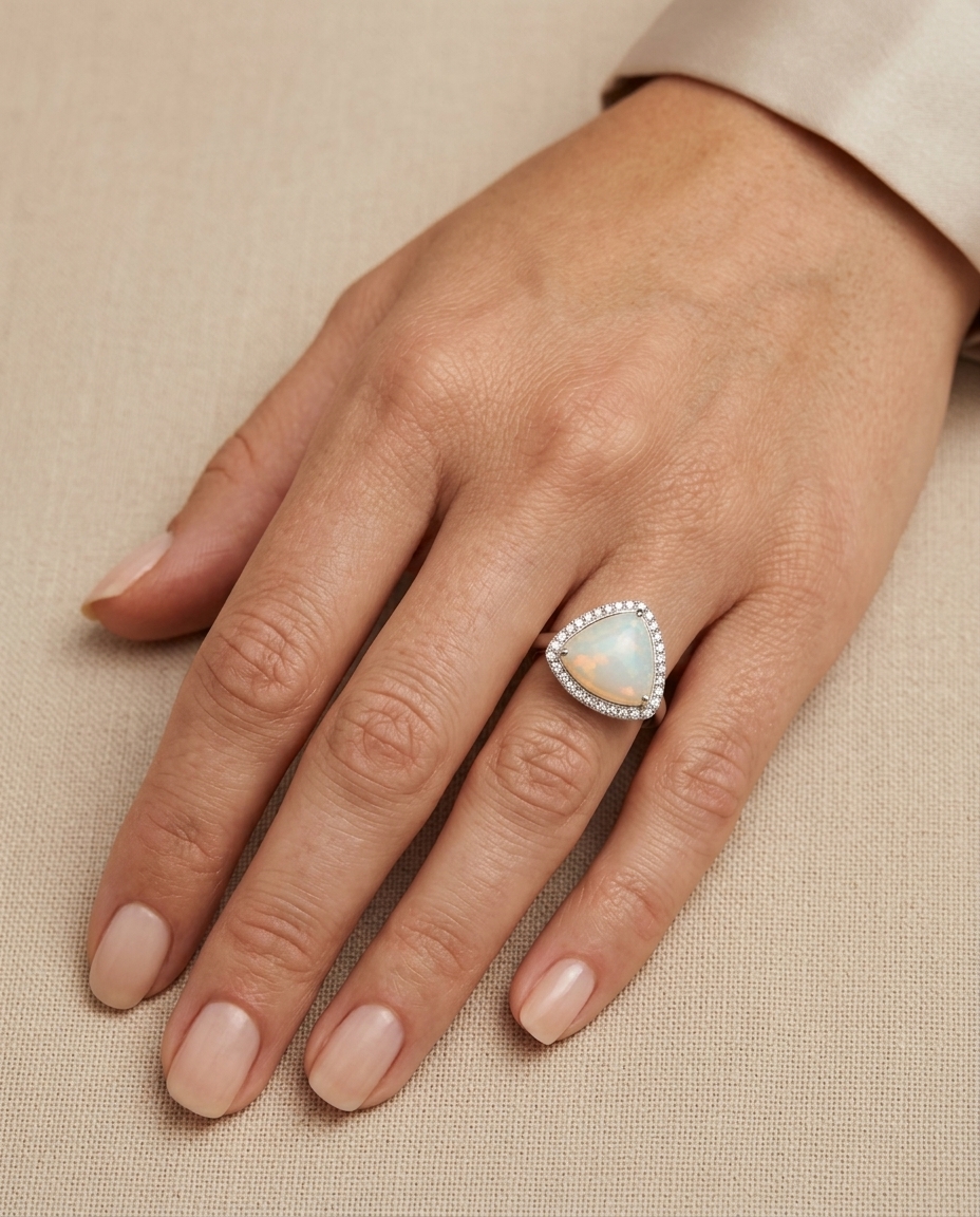 14KT Yellow Gold Opal and Diamond Ring on model
