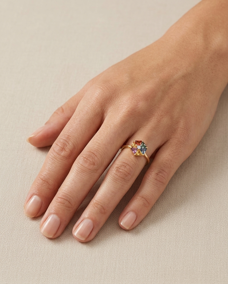 14KT Yellow Gold Multi Sapphire and Diamond Ring on model