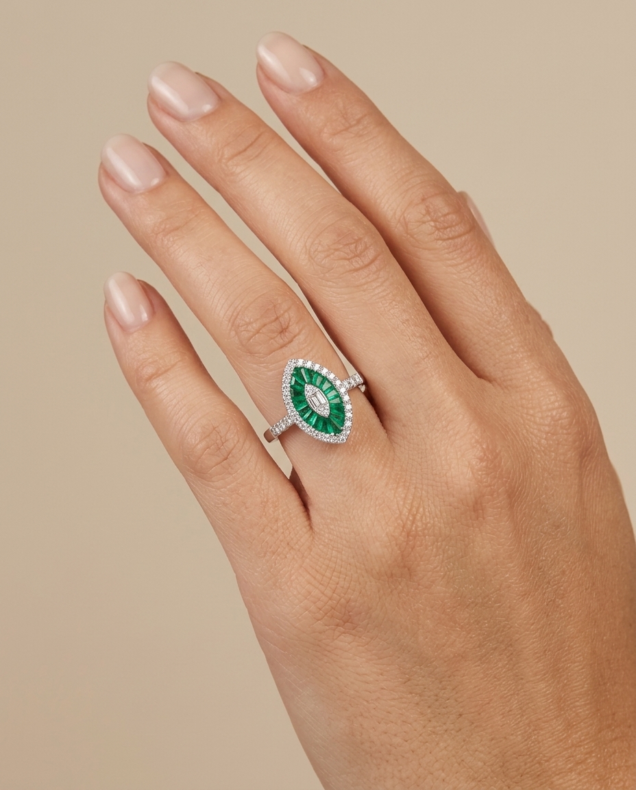 14KT White Gold Emerald and Diamonds Marquise Ring view 2