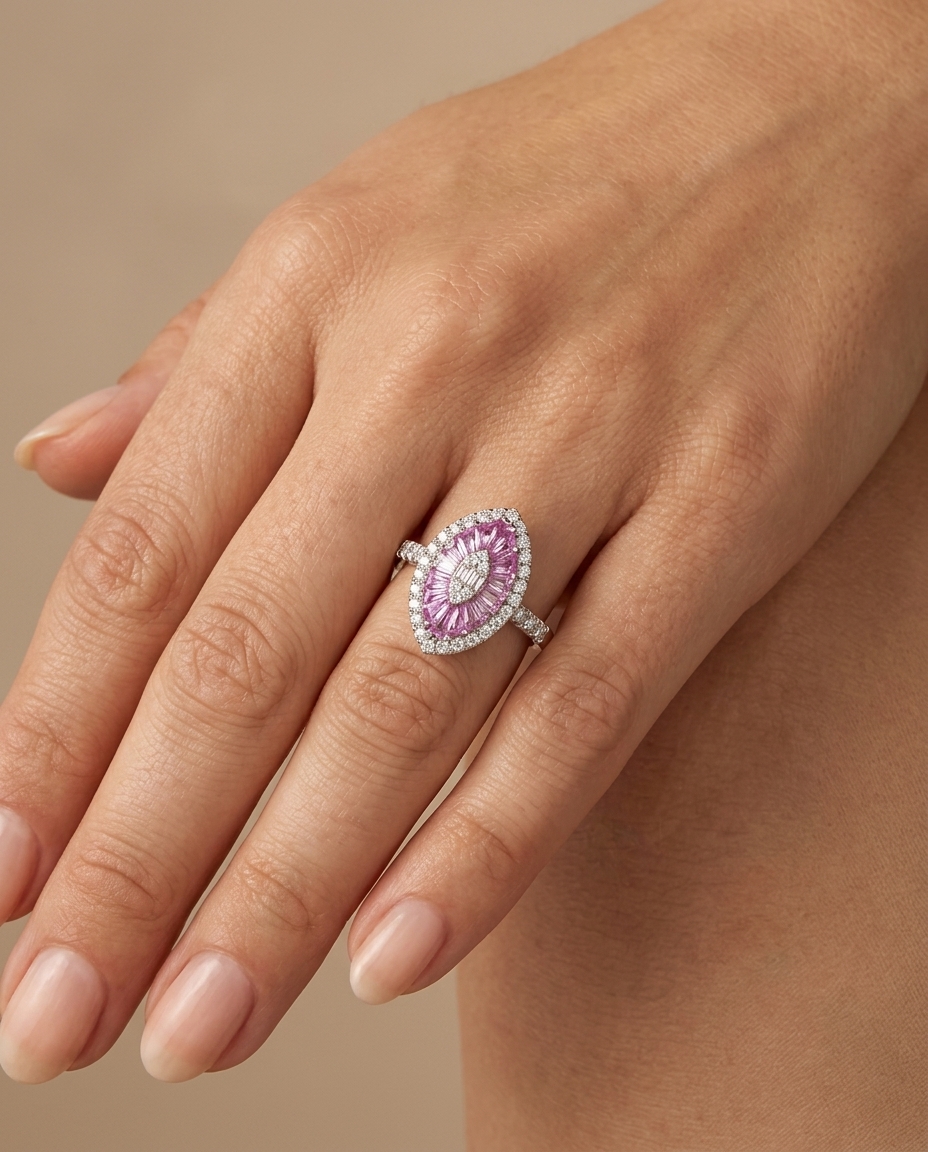 14KT White Gold Pink Sapphire and Diamonds Marquise Ring on model
